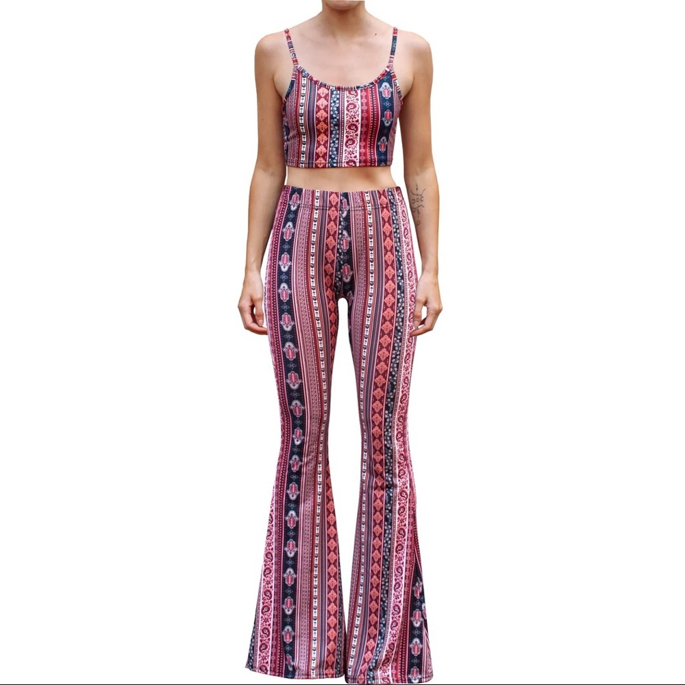 Bell bottom pants and crop cami top in Marsala paisley